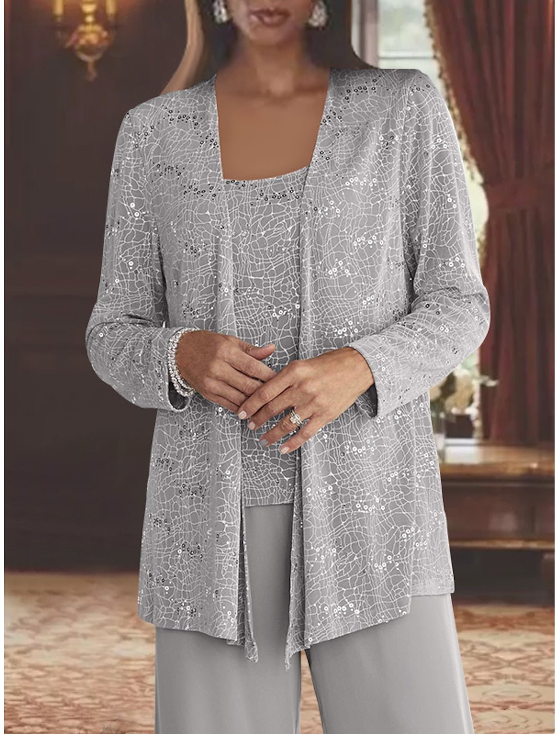 Chiffon pantsuit with jacket and sequin embellishments in silver, perfect elegant outfit for the mother of the bride. 2